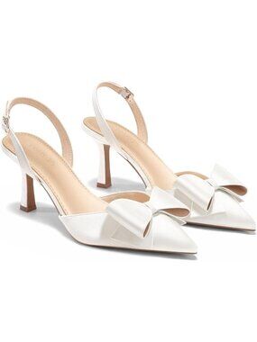 Women's White Kitten Heels Bow Slingback Satin Slip On Closed Pointed Toe Pumps